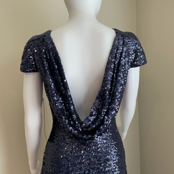 Badgley Mischka Navy Cap-Sleeve Sequin Drape Back Gown - Picture 8 of 11